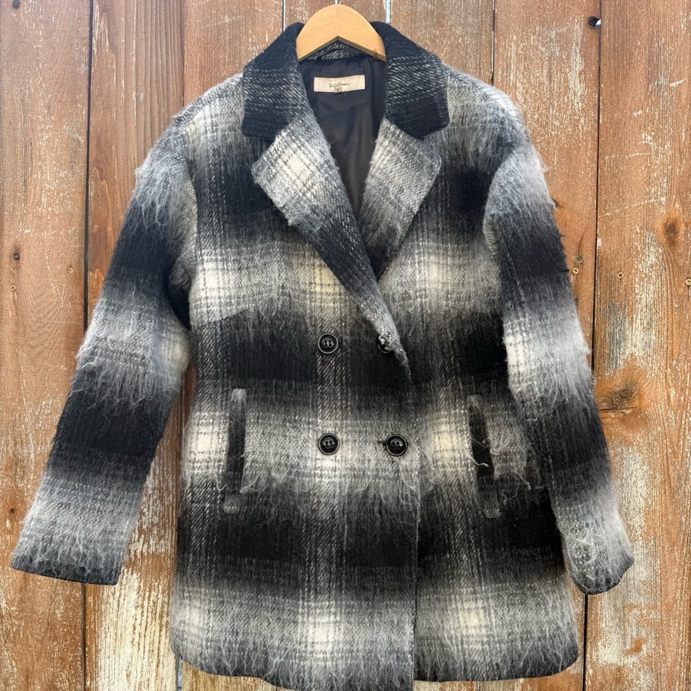 Wildflower Women’s Wool Black Gray Fuzzy Lined Winter Pea Coat Size Small